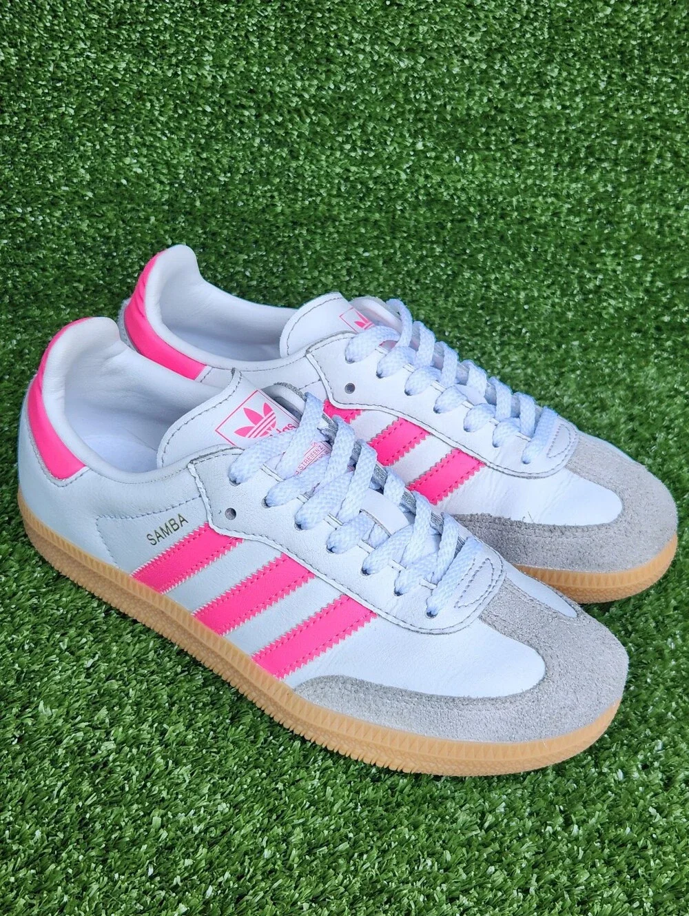 Adidas Samba Big Girls Kids Classic White Pink Leather Sneakers Shoes Size 3.5